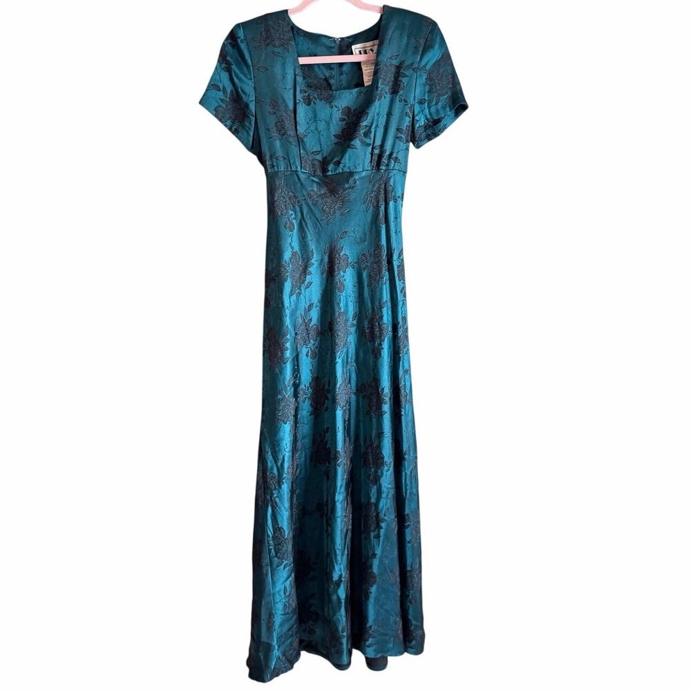 Vintage 90s DBY deep teal long dress black floral fairy ethereal dark romance 8